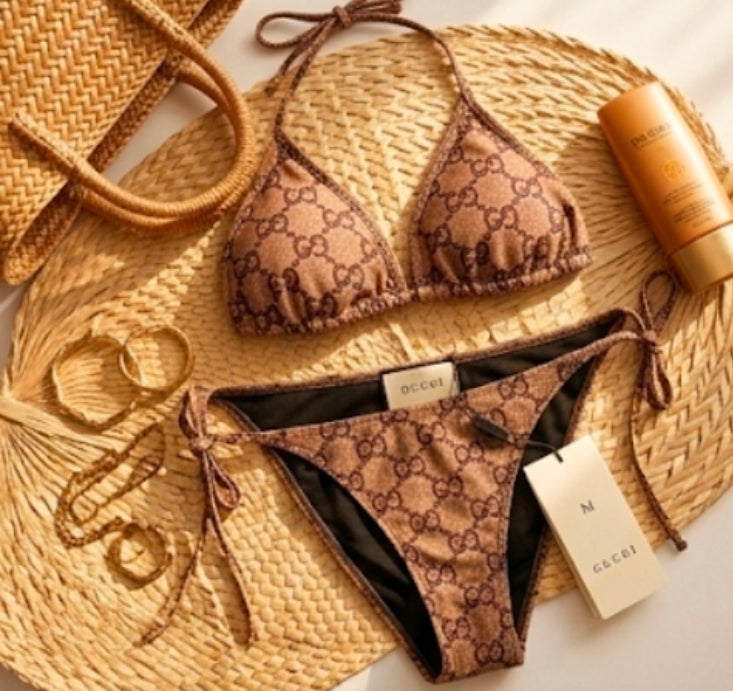 Gucci monogram triangle style bikini in toffee brown sz M