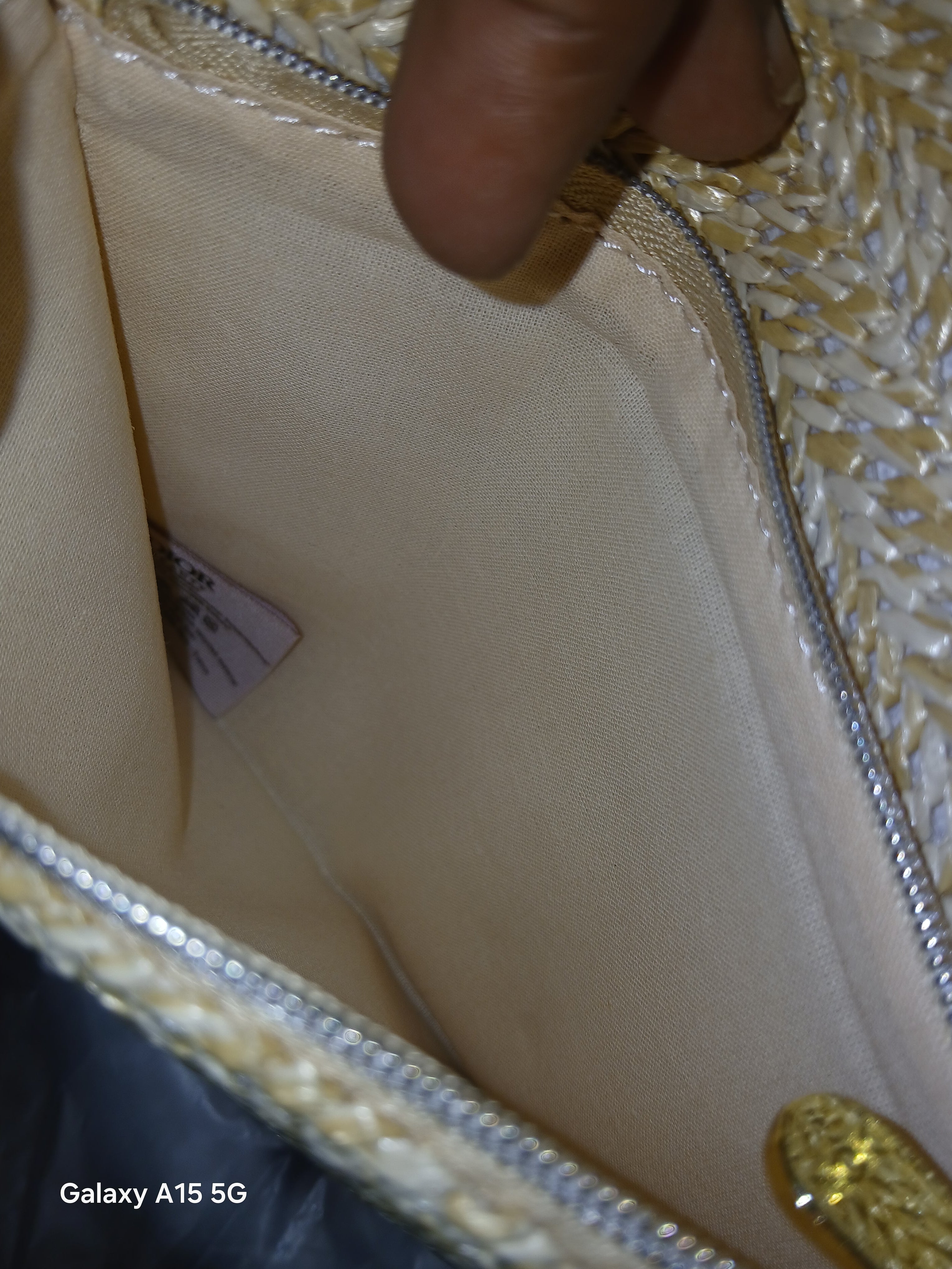Dior straw clutch purse with long faux pearl strap